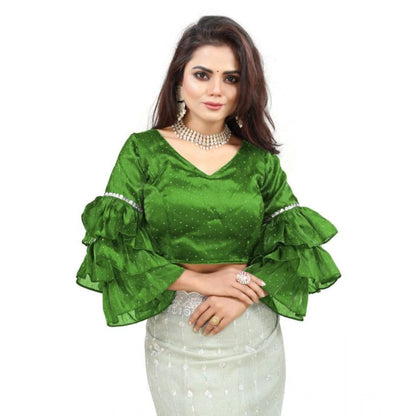 Generic Women's Organza Solid V Neck Layered Ruffle Sleeve Readymade Blouse (Light Green Free Size , up to 38–40 Bust)-PID65852
