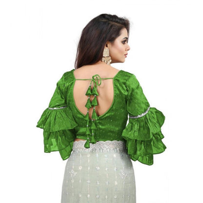 Generic Women's Organza Solid V Neck Layered Ruffle Sleeve Readymade Blouse (Light Green Free Size , up to 38–40 Bust)-PID65852