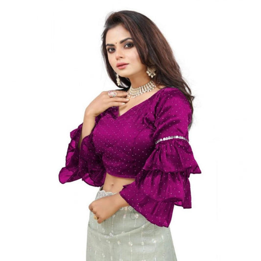 Generic Women's Organza Solid V Neck Layered Ruffle Sleeve Readymade Blouse (Magenta Free Size , up to 38–40 Bust)-PID65853