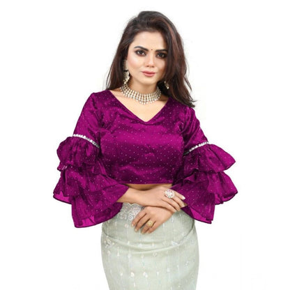 Generic Women's Organza Solid V Neck Layered Ruffle Sleeve Readymade Blouse (Magenta Free Size , up to 38–40 Bust)-PID65853