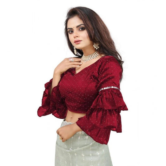 Generic Women's Organza Solid V Neck Layered Ruffle Sleeve Readymade Blouse (Maroon Free Size , up to 38–40 Bust)-PID65854