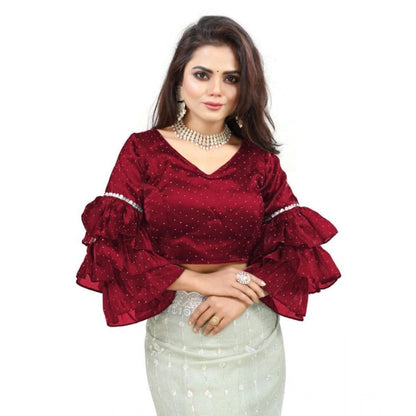 Generic Women's Organza Solid V Neck Layered Ruffle Sleeve Readymade Blouse (Maroon Free Size , up to 38–40 Bust)-PID65854