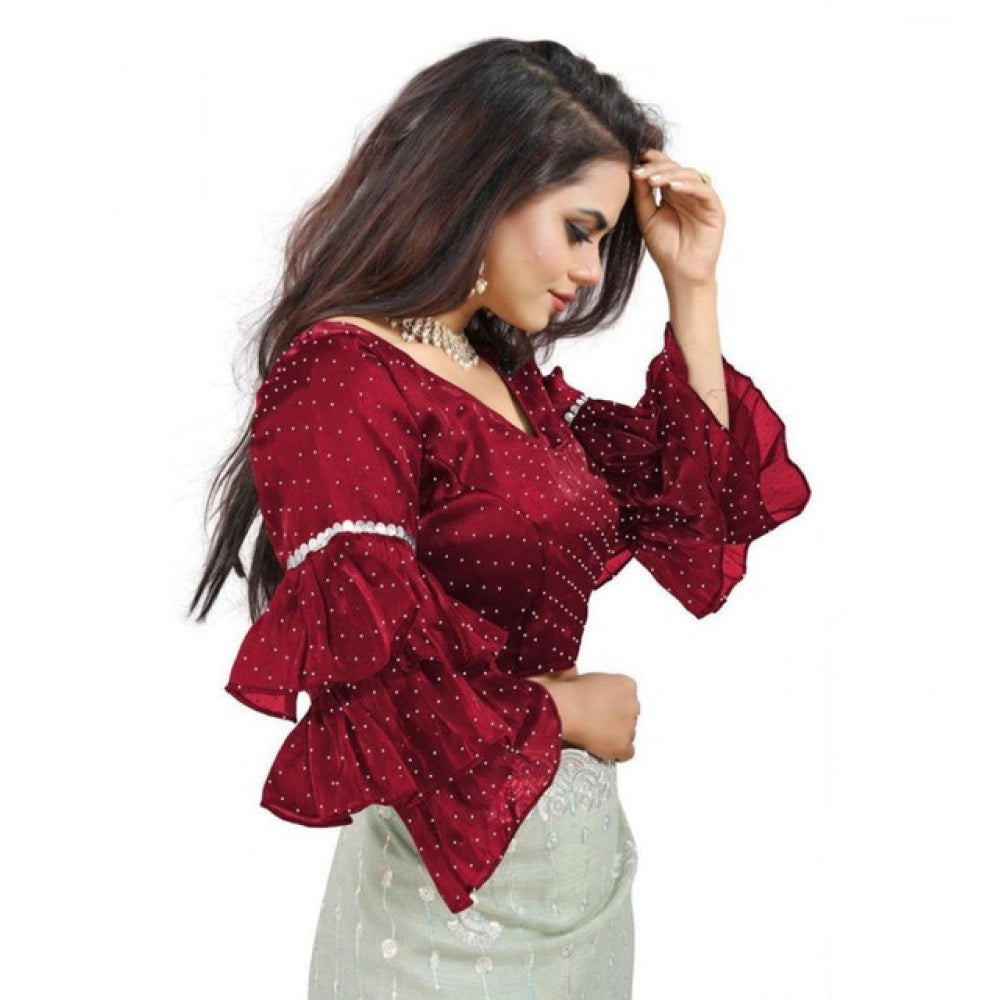 Generic Women's Organza Solid V Neck Layered Ruffle Sleeve Readymade Blouse (Maroon Free Size , up to 38–40 Bust)-PID65854