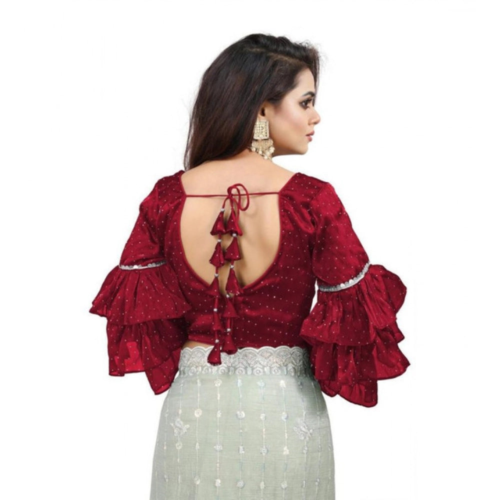 Generic Women's Organza Solid V Neck Layered Ruffle Sleeve Readymade Blouse (Maroon Free Size , up to 38–40 Bust)-PID65854