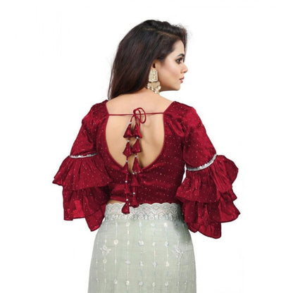 Generic Women's Organza Solid V Neck Layered Ruffle Sleeve Readymade Blouse (Maroon Free Size , up to 38–40 Bust)-PID65854