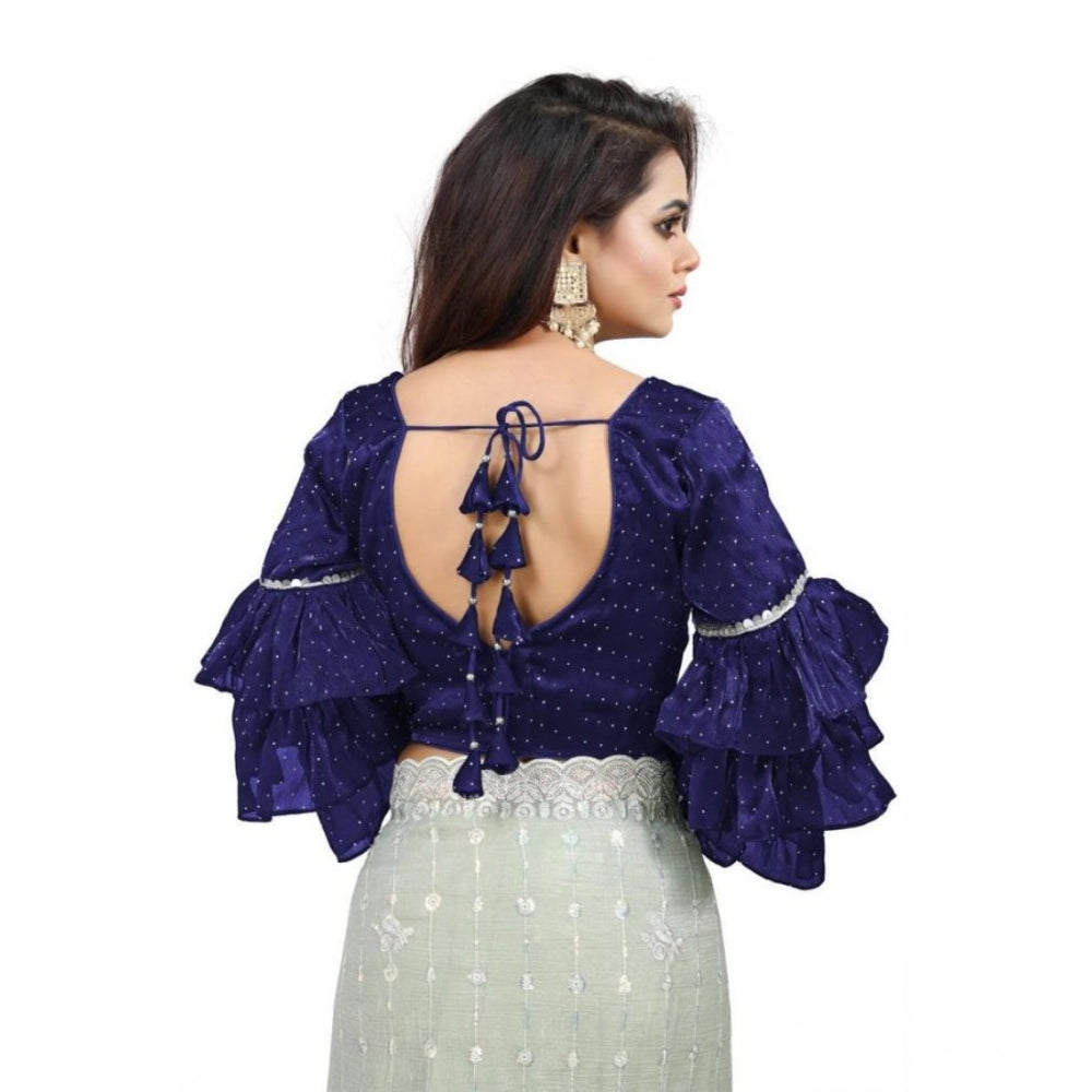 Generic Women's Organza Solid V Neck Layered Ruffle Sleeve Readymade Blouse (Navy Free Size , up to 38–40 Bust)-PID65855