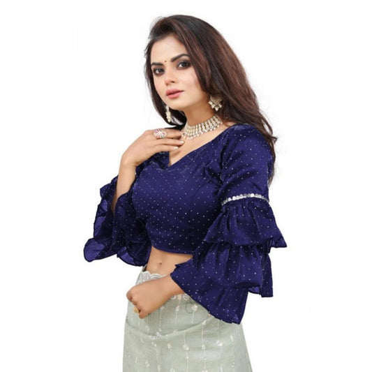 Generic Women's Organza Solid V Neck Layered Ruffle Sleeve Readymade Blouse (Navy Free Size , up to 38–40 Bust)-PID65855