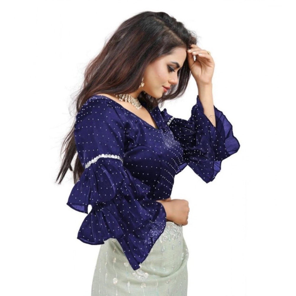 Generic Women's Organza Solid V Neck Layered Ruffle Sleeve Readymade Blouse (Navy Free Size , up to 38–40 Bust)-PID65855