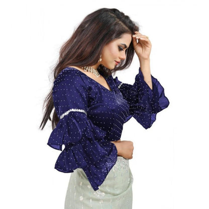Generic Women's Organza Solid V Neck Layered Ruffle Sleeve Readymade Blouse (Navy Free Size , up to 38–40 Bust)-PID65855