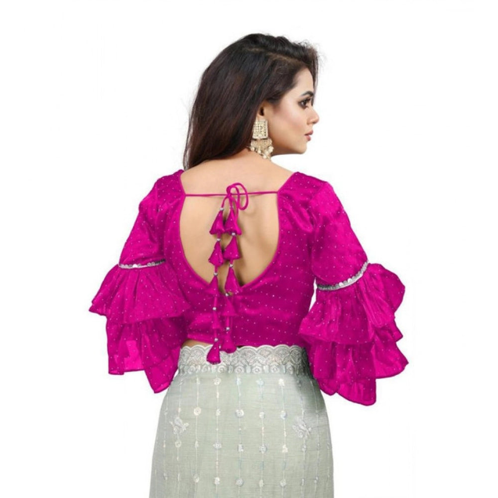 Generic Women's Organza Solid V Neck Layered Ruffle Sleeve Readymade Blouse (Pink Free Size , up to 38–40 Bust)-PID65856