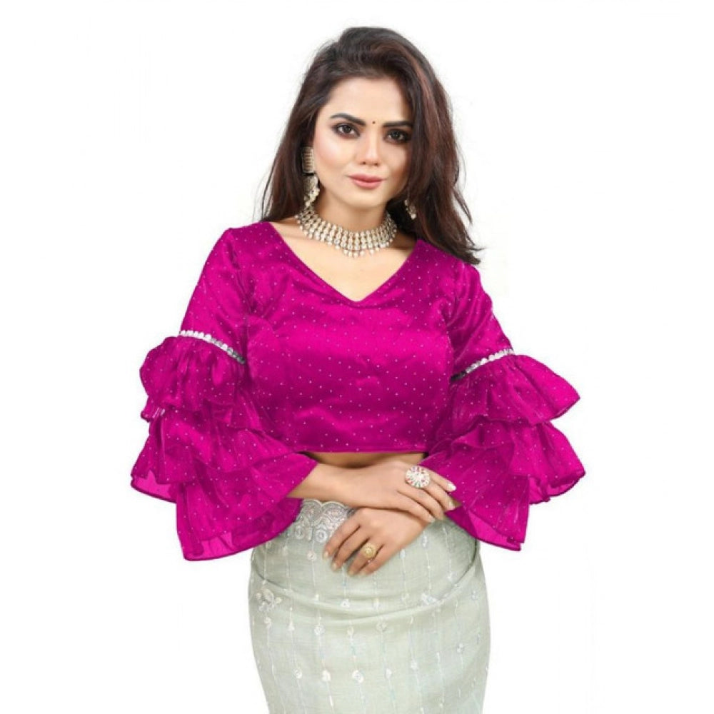 Generic Women's Organza Solid V Neck Layered Ruffle Sleeve Readymade Blouse (Pink Free Size , up to 38–40 Bust)-PID65856