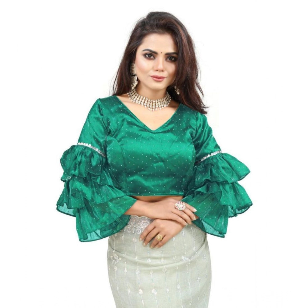 Generic Women's Organza Solid V Neck Layered Ruffle Sleeve Readymade Blouse (Rama Free Size , up to 38–40 Bust)-PID65857