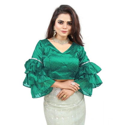 Generic Women's Organza Solid V Neck Layered Ruffle Sleeve Readymade Blouse (Rama Free Size , up to 38–40 Bust)-PID65857