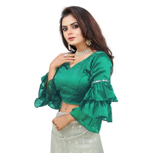 Generic Women's Organza Solid V Neck Layered Ruffle Sleeve Readymade Blouse (Rama Free Size , up to 38–40 Bust)-PID65857