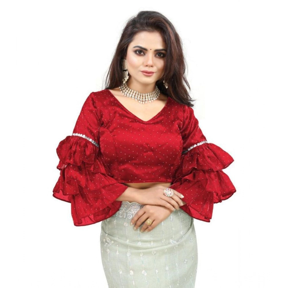 Generic Women's Organza Solid V Neck Layered Ruffle Sleeve Readymade Blouse (Red Free Size , up to 38–40 Bust)-PID65858