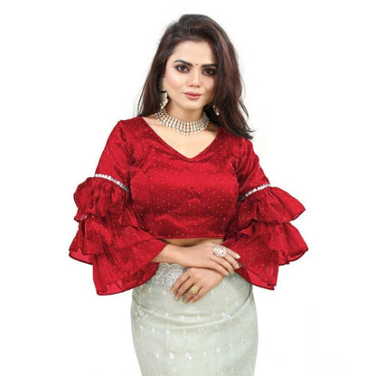 Generic Women's Organza Solid V Neck Layered Ruffle Sleeve Readymade Blouse (Red Free Size , up to 38–40 Bust)-PID65858