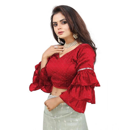 Generic Women's Organza Solid V Neck Layered Ruffle Sleeve Readymade Blouse (Red Free Size , up to 38–40 Bust)-PID65858