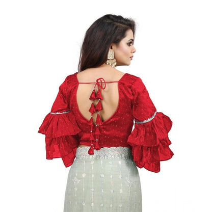 Generic Women's Organza Solid V Neck Layered Ruffle Sleeve Readymade Blouse (Red Free Size , up to 38–40 Bust)-PID65858