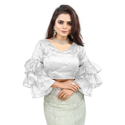Generic Women's Organza Solid V Neck Layered Ruffle Sleeve Readymade Blouse (White Free Size , up to 38–40 Bust)-PID65859