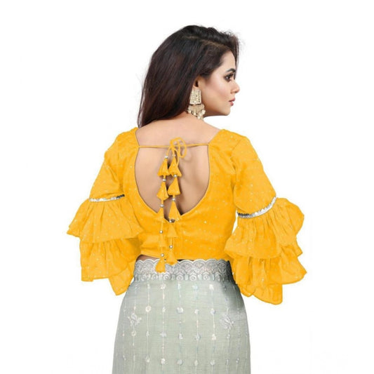 Generic Women's Organza Solid V Neck Layered Ruffle Sleeve Readymade Blouse (Yellow Free Size , up to 38–40 Bust)-PID65860