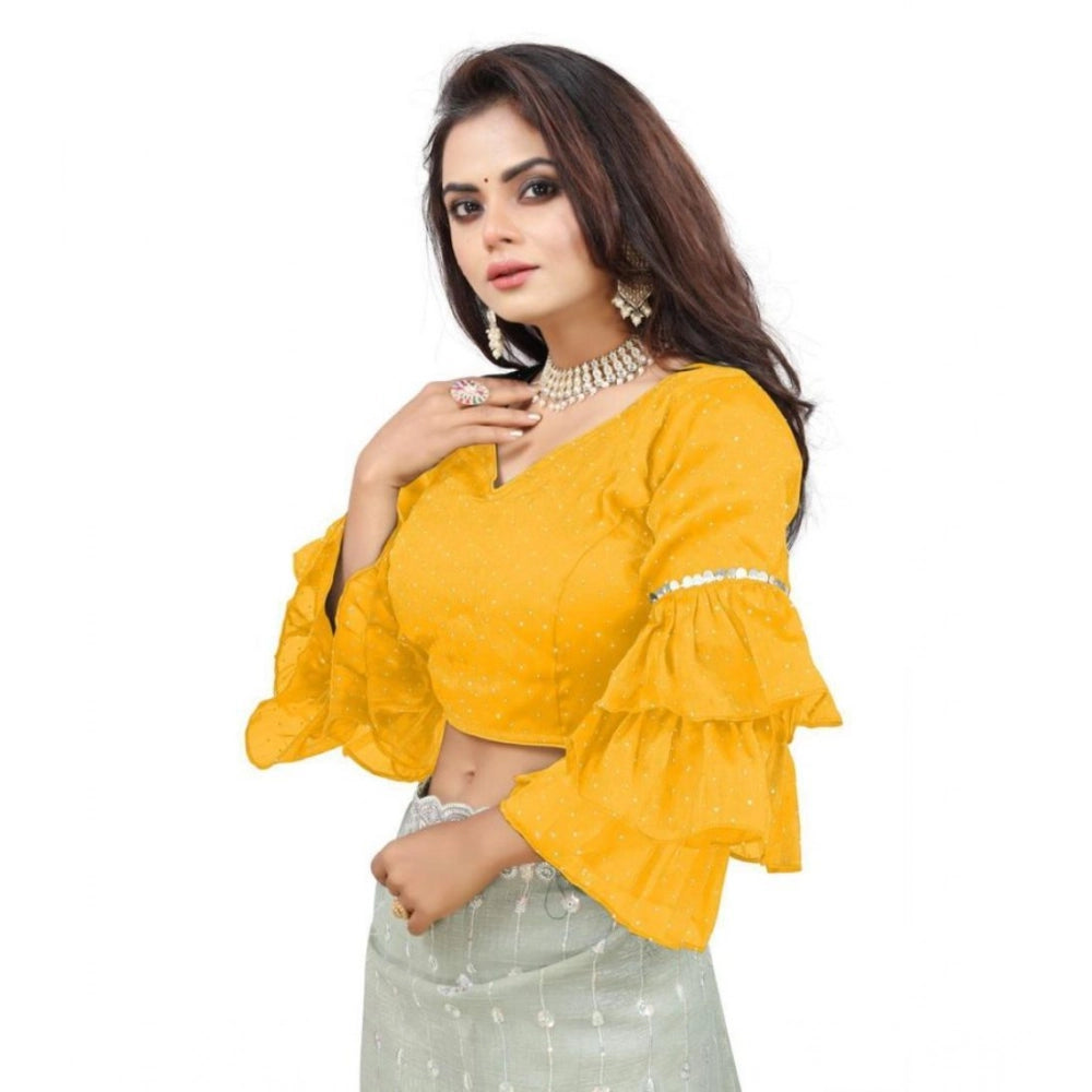 Generic Women's Organza Solid V Neck Layered Ruffle Sleeve Readymade Blouse (Yellow Free Size , up to 38–40 Bust)-PID65860