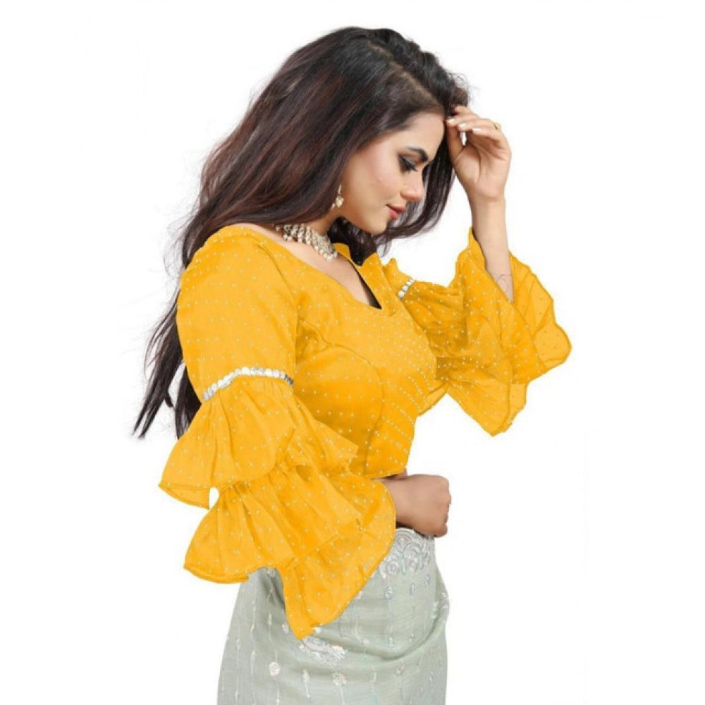 Generic Women's Organza Solid V Neck Layered Ruffle Sleeve Readymade Blouse (Yellow Free Size , up to 38–40 Bust)-PID65860
