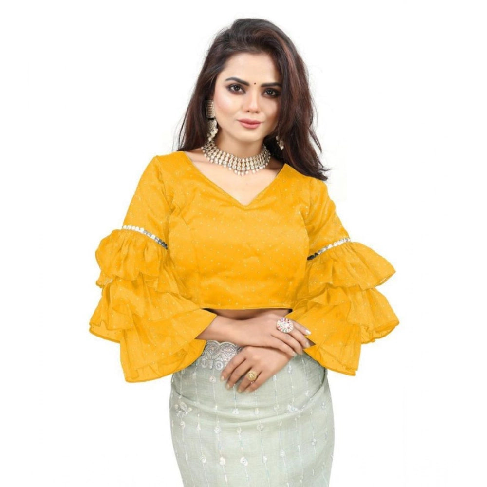 Generic Women's Organza Solid V Neck Layered Ruffle Sleeve Readymade Blouse (Yellow Free Size , up to 38–40 Bust)-PID65860