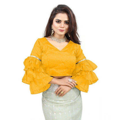 Generic Women's Organza Solid V Neck Layered Ruffle Sleeve Readymade Blouse (Yellow Free Size , up to 38–40 Bust)-PID65860