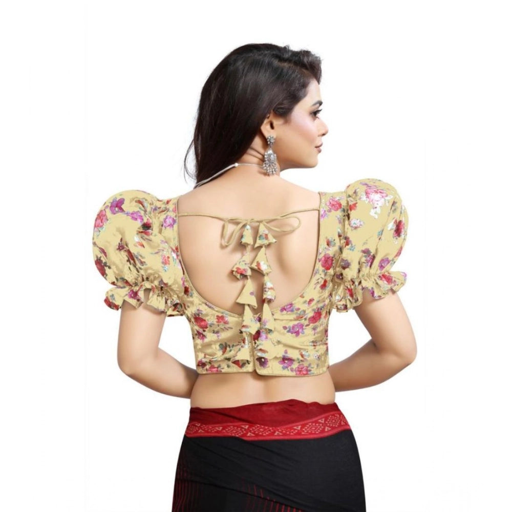 Generic Women's Organza Printed V Neck Puff Sleeve Readymade Blouse (Beige 38 , Alterable up to 42)-PID65861