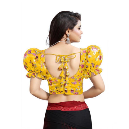 Generic Women's Organza Printed V Neck Puff Sleeve Readymade Blouse (Mustard 38 , Alterable up to 42)-PID65867