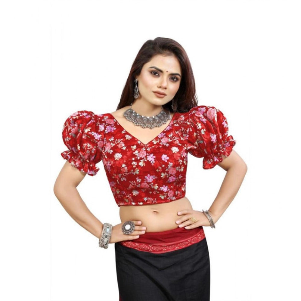 Generic Women's Organza Printed V Neck Puff Sleeve Readymade Blouse (Red 38 , Alterable up to 42)-PID65871