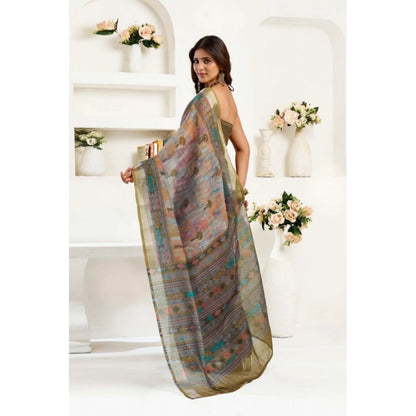 Generic Women's Faux Linen Printed Ready to wear Saree With Unstitched Blouse 5.5Mtr (Multicolor)