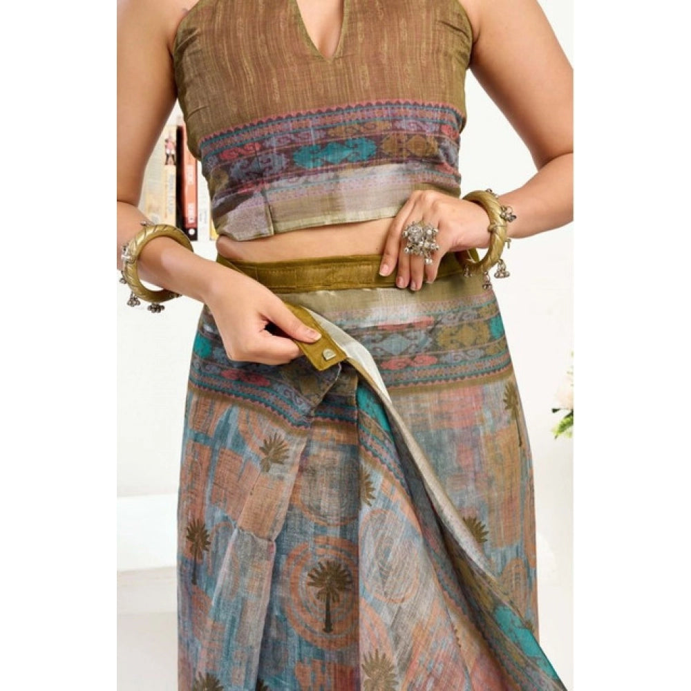 Generic Women's Faux Linen Printed Ready to wear Saree With Unstitched Blouse 5.5Mtr (Multicolor)