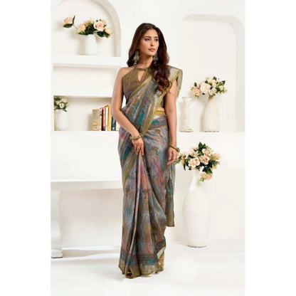 Generic Women's Faux Linen Printed Ready to wear Saree With Unstitched Blouse 5.5Mtr (Multicolor)