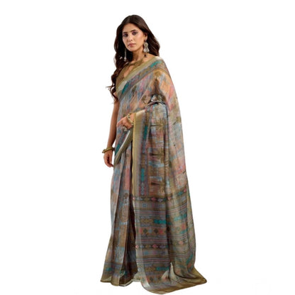 Generic Women's Faux Linen Printed Ready to wear Saree With Unstitched Blouse 5.5Mtr (Multicolor)