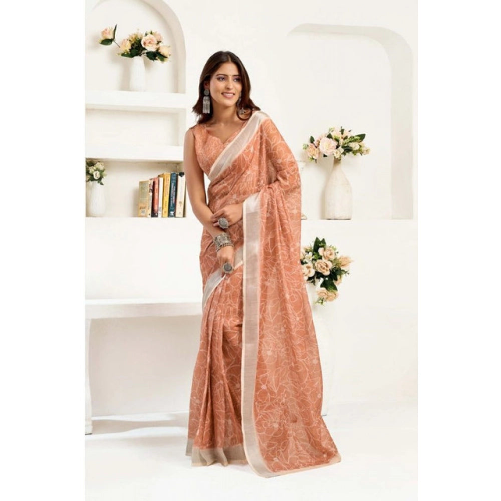 Generic Women's Faux Linen Floral Print Ready to wear Saree With Unstitched Blouse 5.5Mtr (Peach)