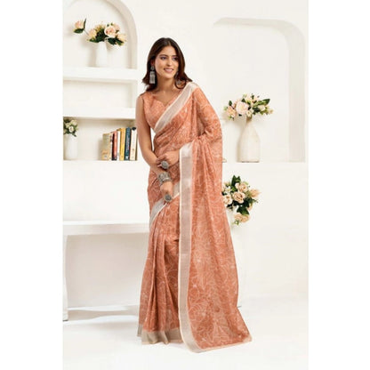 Generic Women's Faux Linen Floral Print Ready to wear Saree With Unstitched Blouse 5.5Mtr (Peach)