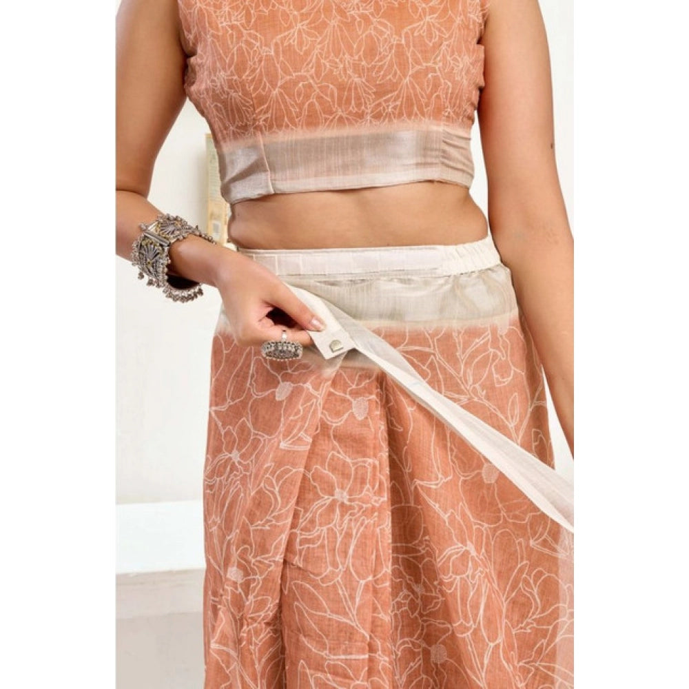 Generic Women's Faux Linen Floral Print Ready to wear Saree With Unstitched Blouse 5.5Mtr (Peach)