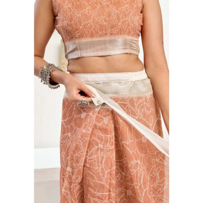 Generic Women's Faux Linen Floral Print Ready to wear Saree With Unstitched Blouse 5.5Mtr (Peach)