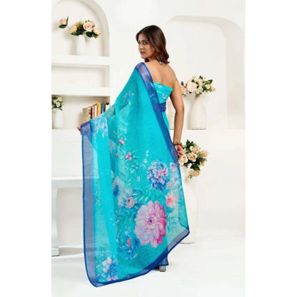 Generic Women's Faux Linen Floral Print Ready to wear Saree With Unstitched Blouse 5.5Mtr (Light_AquaBlue)