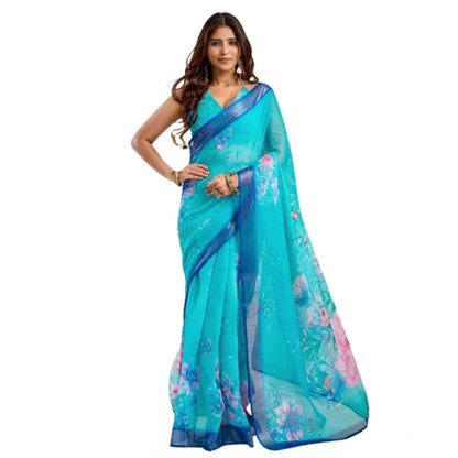 Generic Women's Faux Linen Floral Print Ready to wear Saree With Unstitched Blouse 5.5Mtr (Light_AquaBlue)