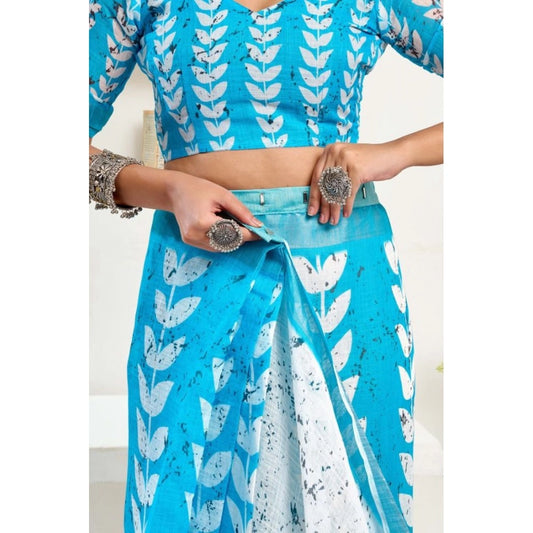 Generic Women's Faux Linen Leaf Print Ready to wear Saree With Unstitched Blouse 5.5Mtr (SkyBlue &amp; White)