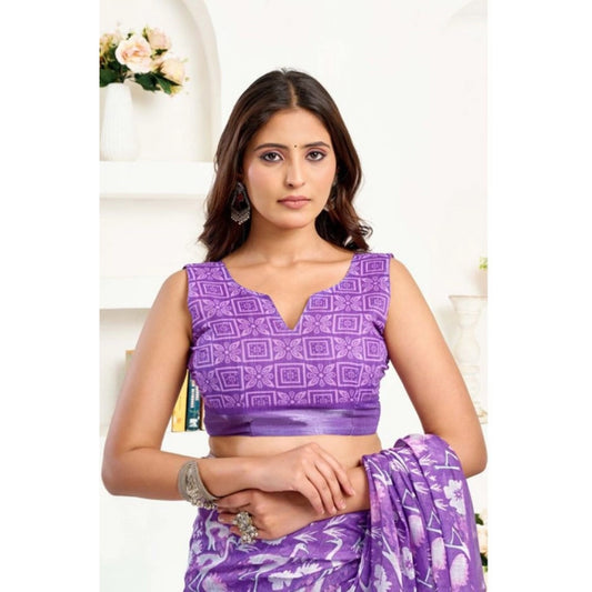 Generic Women's Faux Linen Floral Print Ready to wear Saree With Unstitched Blouse 5.5Mtr (Purple)