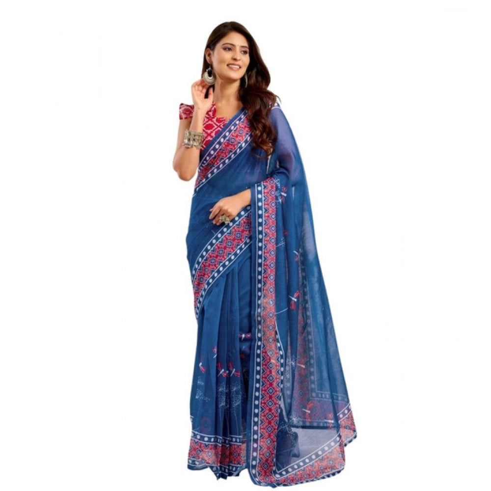 Generic Women's Faux Linen Floral Print Ready to wear Saree With Unstitched Blouse 5.5Mtr (Blue)