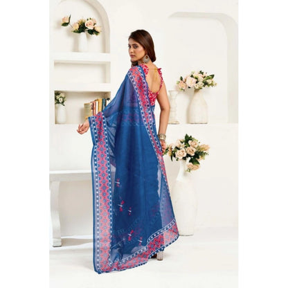 Generic Women's Faux Linen Floral Print Ready to wear Saree With Unstitched Blouse 5.5Mtr (Blue)