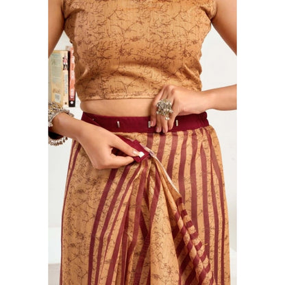 Generic Women's Faux Linen Geometric Print Ready to wear Saree With Unstitched Blouse 5.5Mtr (Brown)