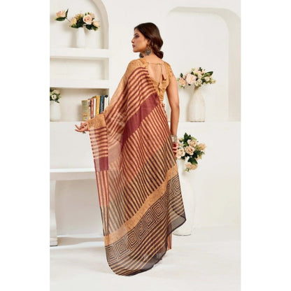Generic Women's Faux Linen Geometric Print Ready to wear Saree With Unstitched Blouse 5.5Mtr (Brown)