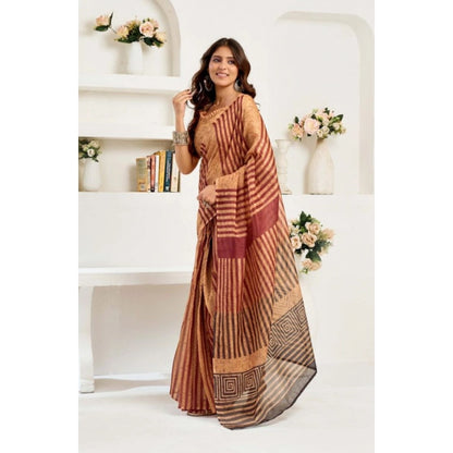 Generic Women's Faux Linen Geometric Print Ready to wear Saree With Unstitched Blouse 5.5Mtr (Brown)