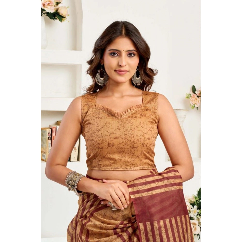 Generic Women's Faux Linen Geometric Print Ready to wear Saree With Unstitched Blouse 5.5Mtr (Brown)