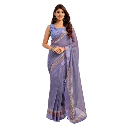 Generic Women's Faux Linen Printed Ready to wear Saree With Unstitched Blouse 5.5Mtr (Light_Lavender)